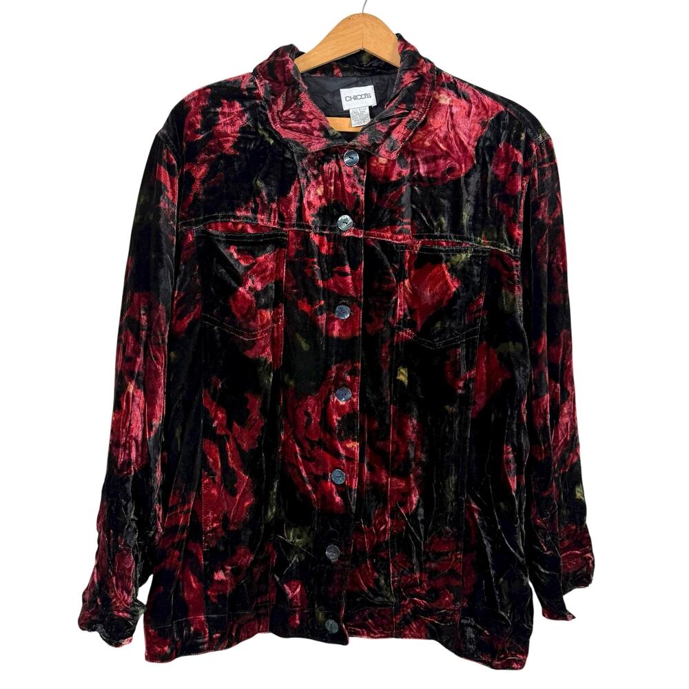 Chico's Velvet Burnout Jacket Top Size 2 (Large/12) Rayon Silk Dark Romantic
